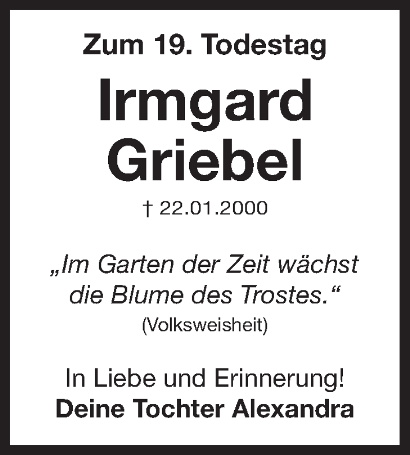  Traueranzeige für Irmgard Griebel vom 22.01.2019 aus Erlanger Nachrichten Lokal