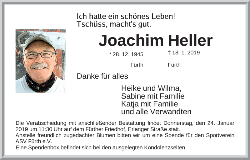  Traueranzeige für Joachim Heller vom 21.01.2019 aus Fürther Nachrichten Lokal