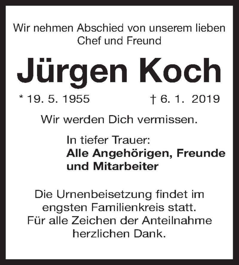  Traueranzeige für Jürgen Koch vom 12.01.2019 aus Gesamtausgabe Nürnberger Nachrichten/ Nürnberger Ztg.