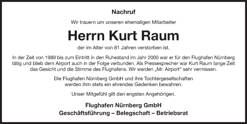  Traueranzeige für Kurt Raum vom 19.01.2019 aus Gesamtausgabe Nürnberger Nachrichten/ Nürnberger Ztg.