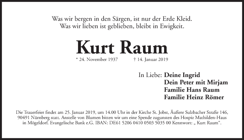  Traueranzeige für Kurt Raum vom 19.01.2019 aus Gesamtausgabe Nürnberger Nachrichten/ Nürnberger Ztg.