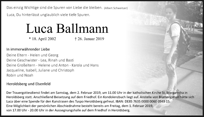  Traueranzeige für Luca Ballmann vom 31.01.2019 aus Gesamtausgabe Nürnberger Nachrichten/ Nürnberger Ztg.