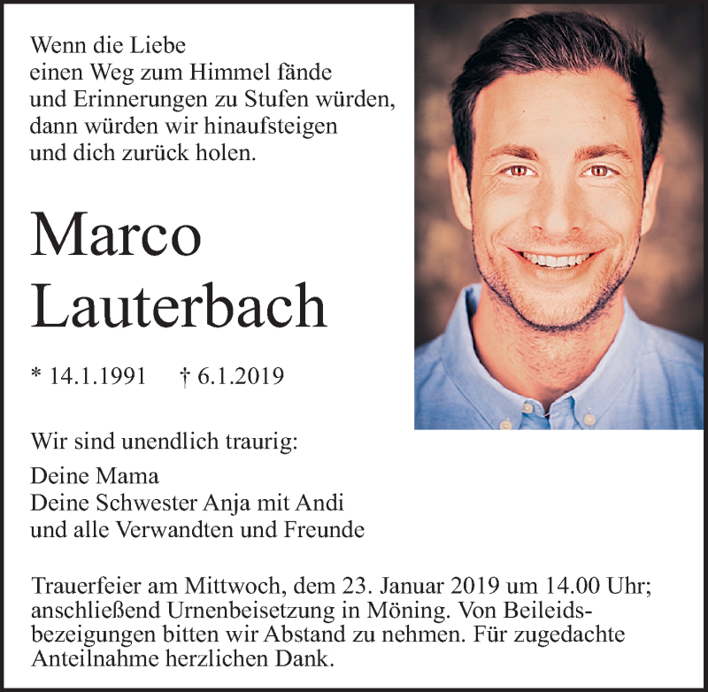  Traueranzeige für Marco Lauterbach vom 19.01.2019 aus Gesamtausgabe Nürnberger Nachrichten/ Nürnberger Ztg.