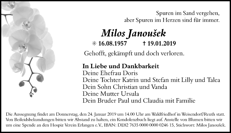  Traueranzeige für Milos Janousek vom 23.01.2019 aus Erlanger Nachrichten/ Nordbayer. Nachrichten Herzogenaurach