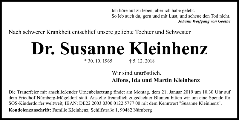  Traueranzeige für Susanne Kleinhenz vom 16.01.2019 aus Gesamtausgabe Nürnberger Nachrichten/ Nürnberger Ztg.