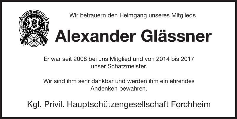  Traueranzeige für Alexander Glässner vom 15.10.2019 aus Nordbayerische Nachrichten Forchheim Lokal