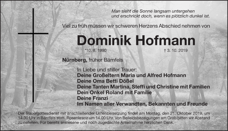  Traueranzeige für Dominik Hofmann vom 19.10.2019 aus Nordbayerische Nachrichten Forchheim Lokal