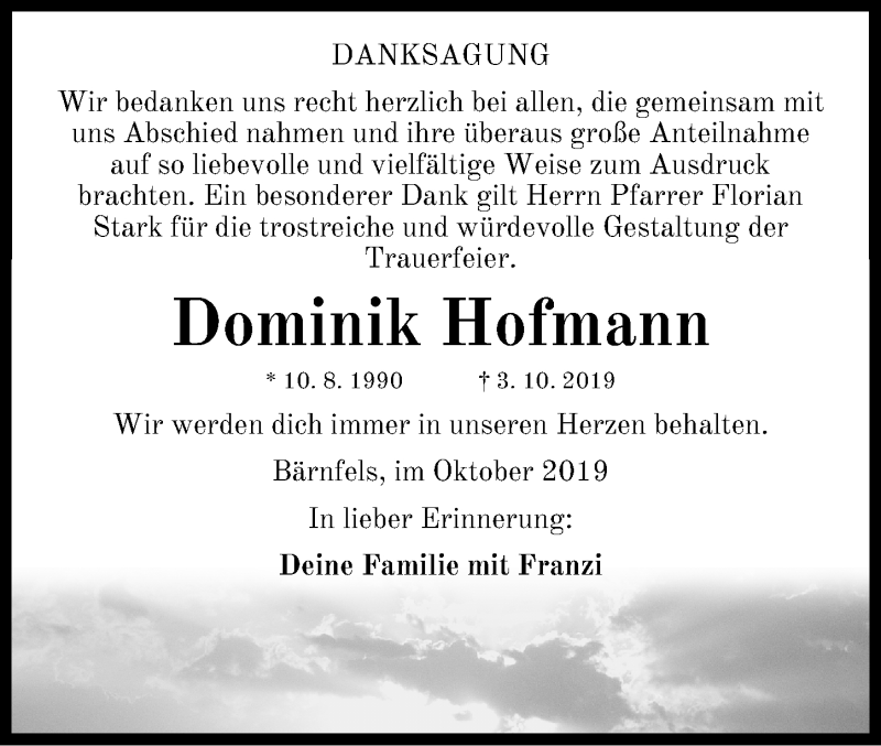  Traueranzeige für Dominik Hofmann vom 30.10.2019 aus Nordbayerische Nachrichten Forchheim Lokal