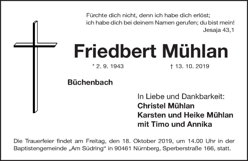  Traueranzeige für Friedbert Mühlan vom 15.10.2019 aus Roth-Hilpoltsteiner Volkszeitung Lokal