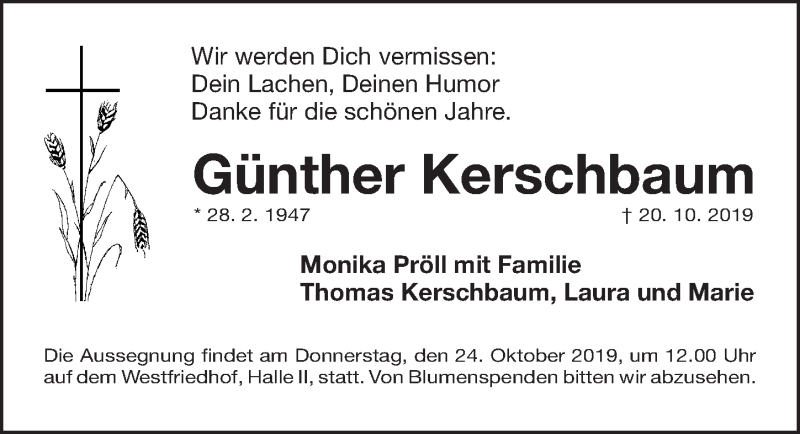  Traueranzeige für Günther Kerschbaum vom 22.10.2019 aus Gesamtausgabe Nürnberger Nachrichten/ Nürnberger Ztg.