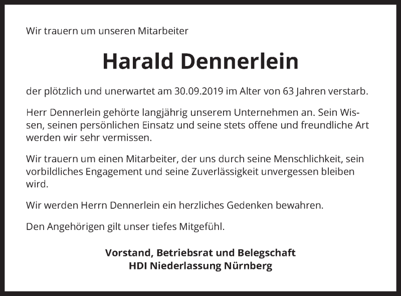 Traueranzeige für Harald Dennerlein vom 19.10.2019 aus Gesamtausgabe Nürnberger Nachrichten/ Nürnberger Ztg.
