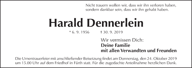  Traueranzeige für Harald Dennerlein vom 19.10.2019 aus Gesamtausgabe Nürnberger Nachrichten/ Nürnberger Ztg.