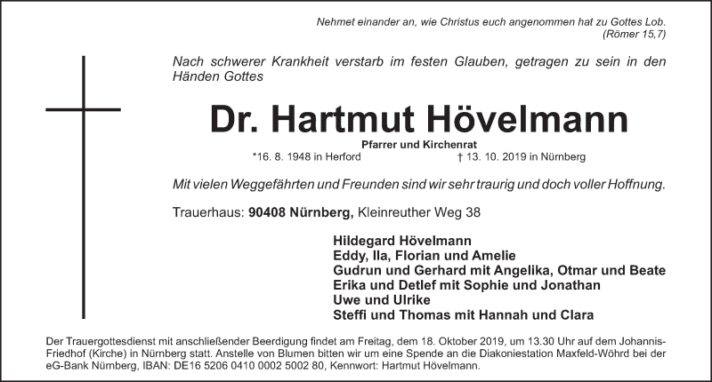  Traueranzeige für Hartmut Hövelmann vom 16.10.2019 aus Gesamtausgabe Nürnberger Nachrichten/ Nürnberger Ztg.