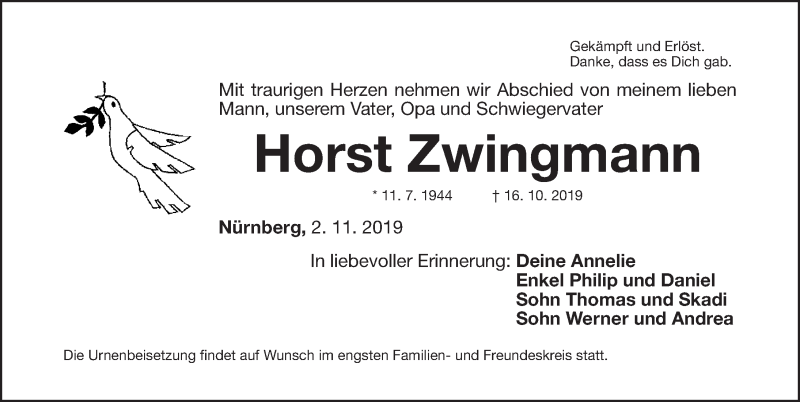  Traueranzeige für Horst Zwingmann vom 01.11.2019 aus Gesamtausgabe Nürnberger Nachrichten/ Nürnberger Ztg.