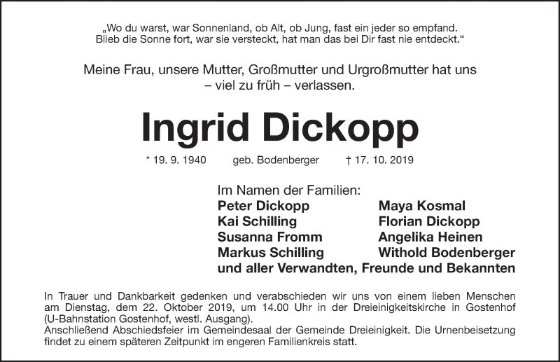  Traueranzeige für Ingrid Dickopp vom 21.10.2019 aus Gesamtausgabe Nürnberger Nachrichten/ Nürnberger Ztg.