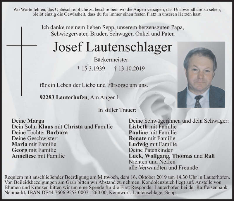  Traueranzeige für Josef Lautenschlager vom 15.10.2019 aus Neumarkter Nachrichten Lokal
