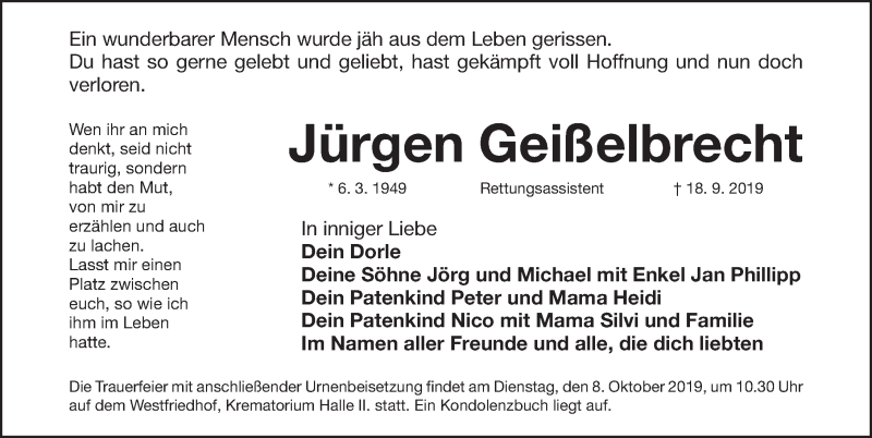  Traueranzeige für Jürgen Geißelbrecht vom 07.10.2019 aus Gesamtausgabe Nürnberger Nachrichten/ Nürnberger Ztg.