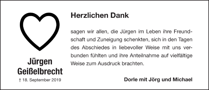  Traueranzeige für Jürgen Geißelbrecht vom 19.10.2019 aus Gesamtausgabe Nürnberger Nachrichten/ Nürnberger Ztg.