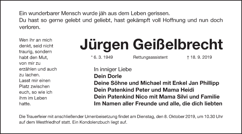  Traueranzeige für Jürgen Geißelbrecht vom 05.10.2019 aus Gesamtausgabe Nürnberger Nachrichten/ Nürnberger Ztg.