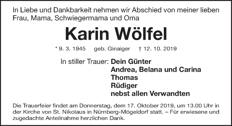  Traueranzeige für Karin Wölfel vom 15.10.2019 aus Gesamtausgabe Nürnberger Nachrichten/ Nürnberger Ztg.