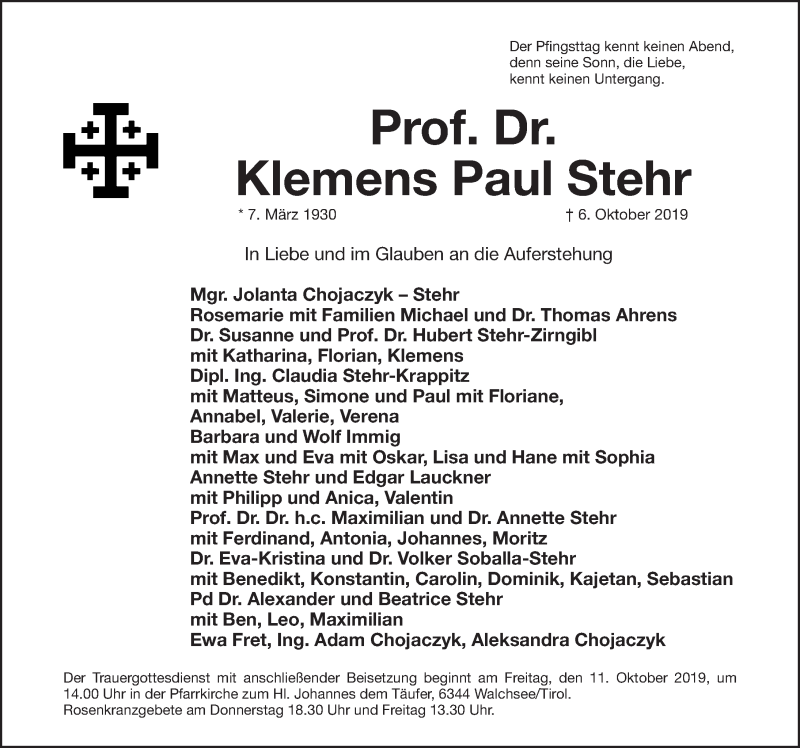  Traueranzeige für Klemens Paul Stehr vom 08.10.2019 aus Gesamtausgabe Nürnberger Nachrichten/ Nürnberger Ztg.