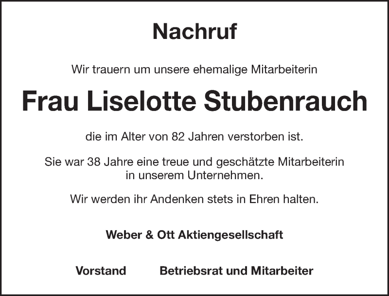  Traueranzeige für Liselotte Stubenrauch vom 15.10.2019 aus Nordbayerische Nachrichten Forchheim Lokal