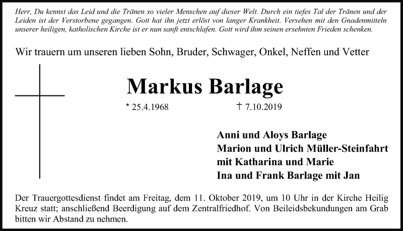  Traueranzeige für Markus Barlage vom 08.10.2019 aus Erlanger Nachrichten/ Nordbayer. Nachrichten Forchheim