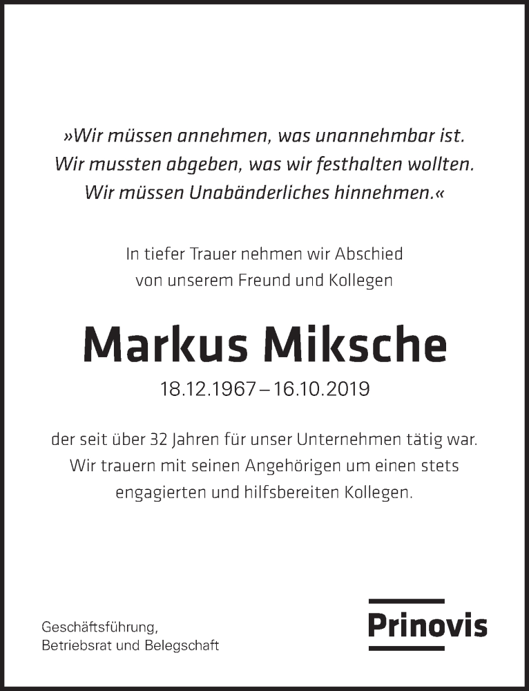  Traueranzeige für Markus Miksche vom 22.10.2019 aus Gesamtausgabe Nürnberger Nachrichten/ Nürnberger Ztg.