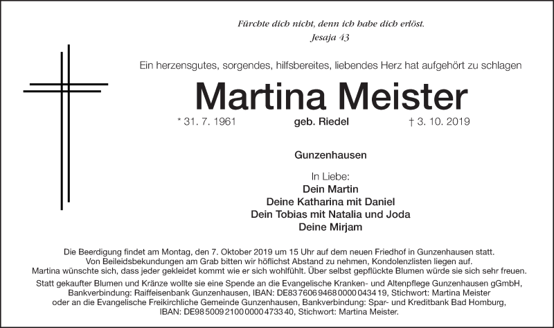  Traueranzeige für Martina Meister vom 05.10.2019 aus Altmühl-Bote Lokal