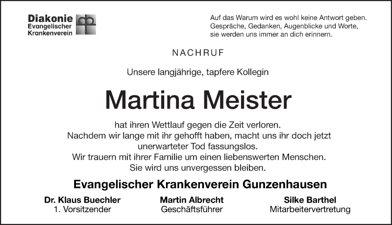  Traueranzeige für Martina Meister vom 07.10.2019 aus Altmühl-Bote Lokal