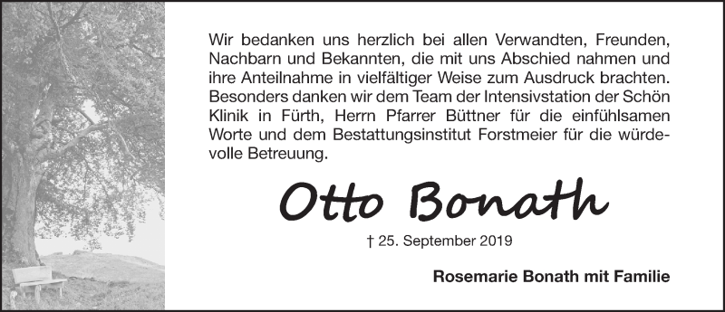  Traueranzeige für Otto Bonath vom 19.10.2019 aus Fürther Nachrichten Lokal
