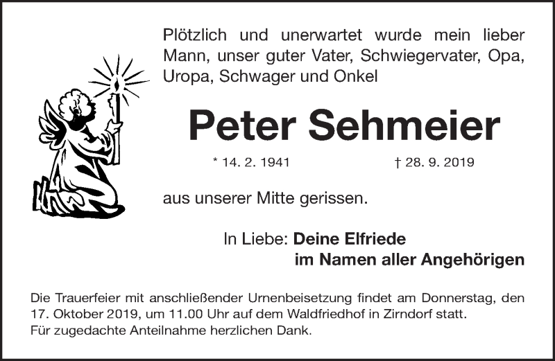  Traueranzeige für Peter Sehmeier vom 15.10.2019 aus Fürther Nachrichten Lokal