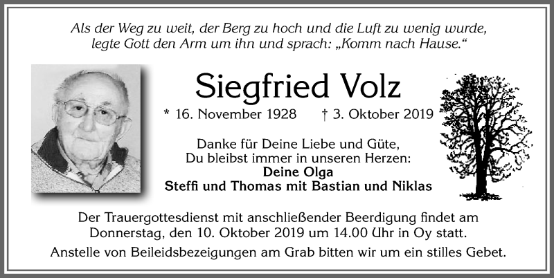  Traueranzeige für Siegfried Volz vom 05.10.2019 aus Fürther Nachrichten Lokal