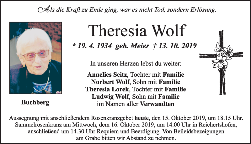  Traueranzeige für Theresia Wolf vom 15.10.2019 aus Neumarkter Nachrichten Lokal