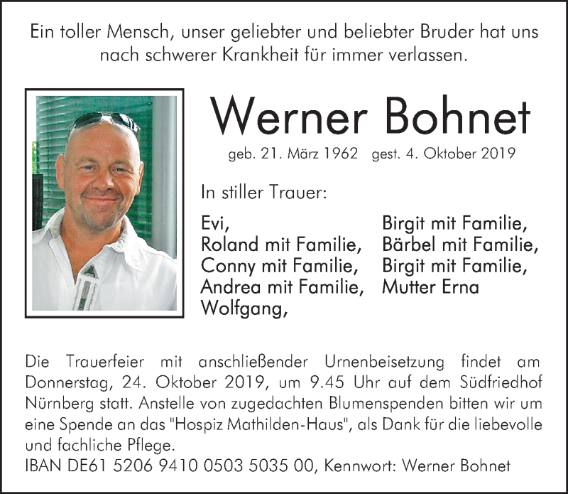  Traueranzeige für Werner Bohnet vom 19.10.2019 aus Gesamtausgabe Nürnberger Nachrichten/ Nürnberger Ztg.