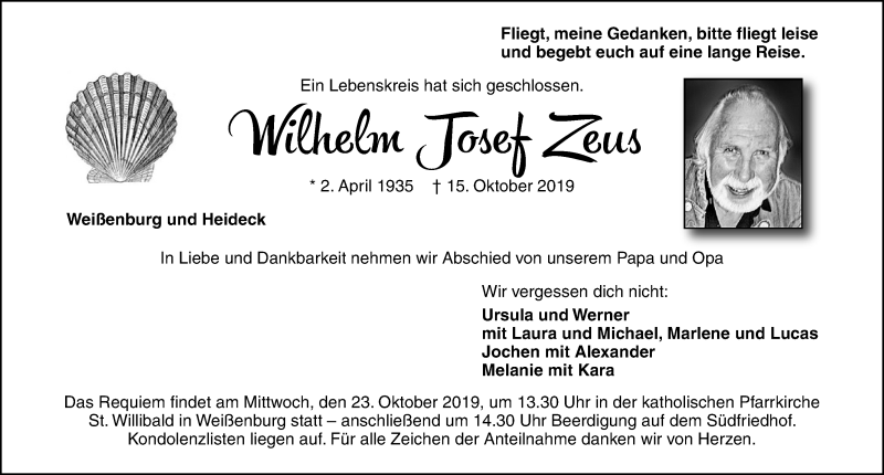  Traueranzeige für Wilhelm Josef Zeus vom 19.10.2019 aus Roth-Hilpoltsteiner Volkszeitung Lokal
