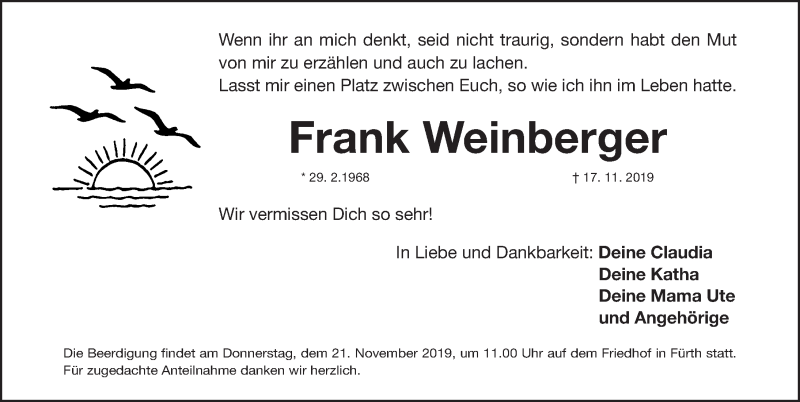  Traueranzeige für Frank Weinberger vom 19.11.2019 aus Fürther Nachrichten Lokal