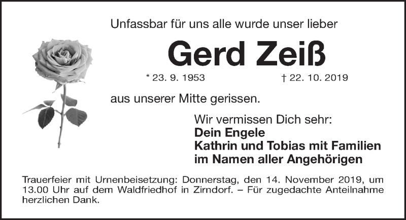  Traueranzeige für Gerd Zeiß vom 09.11.2019 aus Gesamtausgabe Nürnberger Nachrichten/ Nürnberger Ztg.