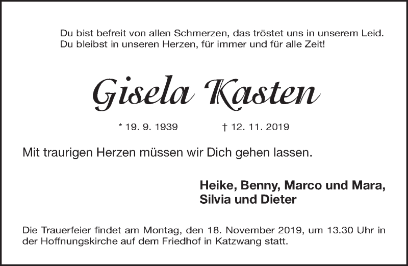 Traueranzeige für Gisela Kasten vom 15.11.2019 aus Gesamtausgabe Nürnberger Nachrichten/ Nürnberger Ztg.