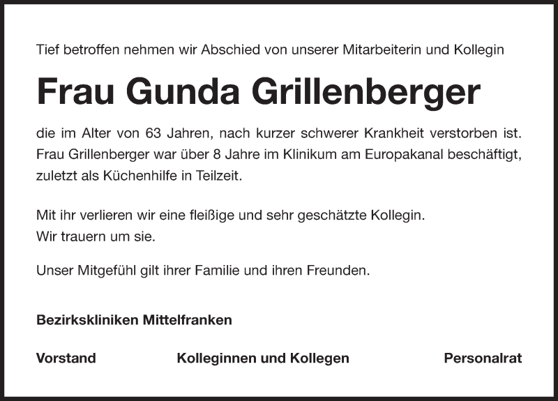  Traueranzeige für Gunda Grillenberger vom 15.11.2019 aus Erlanger Nachrichten Lokal