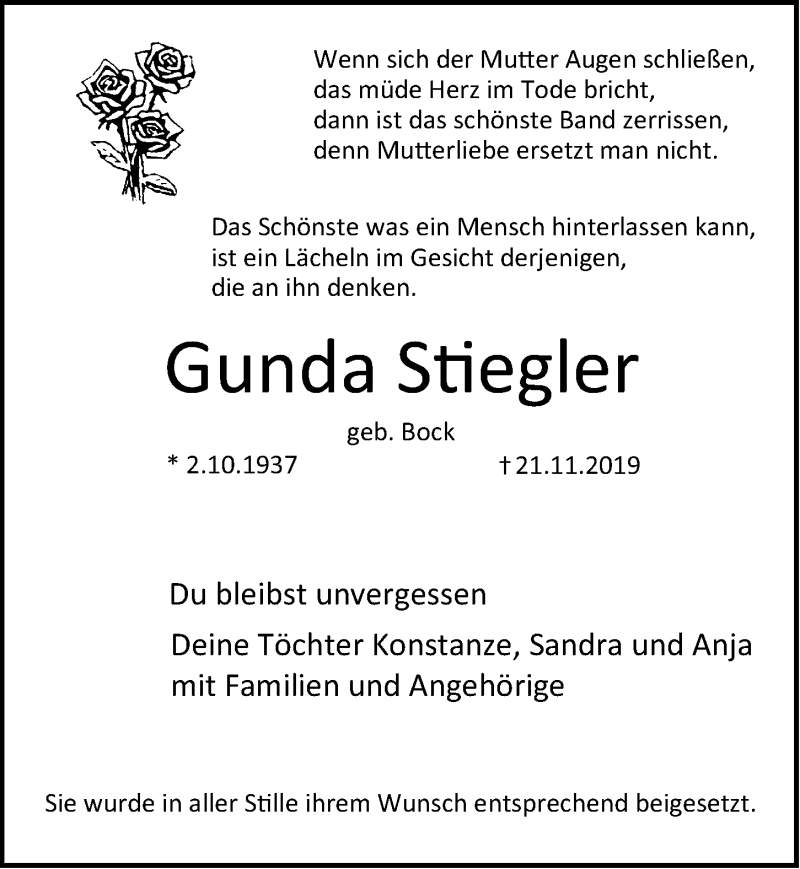  Traueranzeige für Gunda Stiegler vom 30.11.2019 aus Nordbayerische Nachrichten Pegnitz Lokal