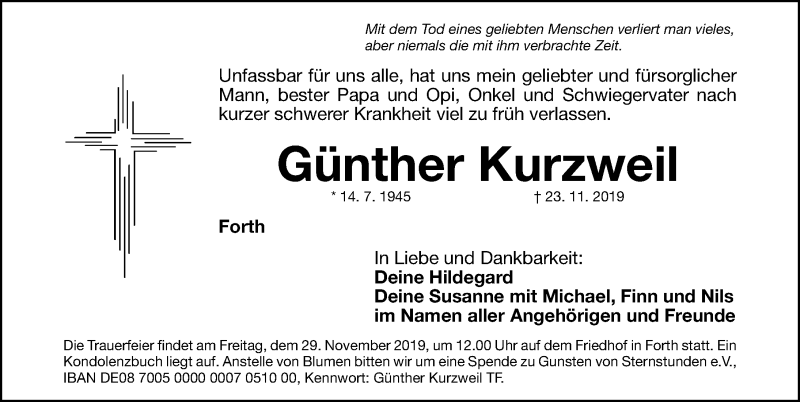  Traueranzeige für Günther Kurzweil vom 28.11.2019 aus Gesamtausgabe Nürnberger Nachrichten/ Nürnberger Zeitung