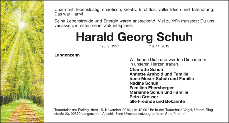  Traueranzeige für Harald Georg Schuh  vom 12.11.2019 aus Fürther Nachrichten Lokal