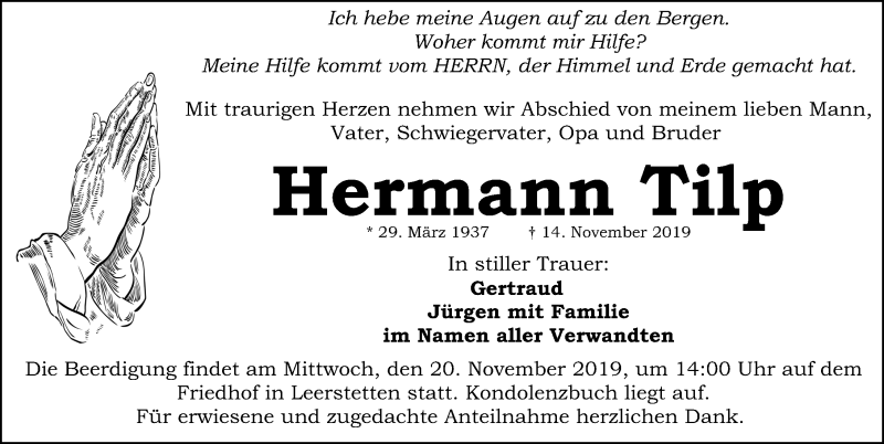  Traueranzeige für Hermann Tilp vom 18.11.2019 aus Schwabach