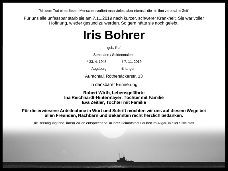  Traueranzeige für Iris Bohrer vom 20.11.2019 aus Nordbayerische Nachrichten Herzogenaurach Lokal