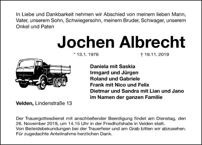  Traueranzeige für Jochen Albrecht vom 23.11.2019 aus Nordbayerische Nachrichten Pegnitz Lokal