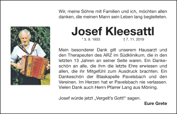 Traueranzeige von Josef Kleesattl von GESAMTAUSGABE NÜRNBERGER NACHRICHTEN/ NÜRNBERGER ZTG.