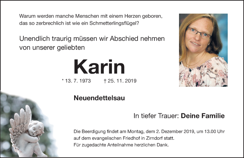  Traueranzeige für Karin De Bernardin vom 30.11.2019 aus Fürther Nachrichten Lokal