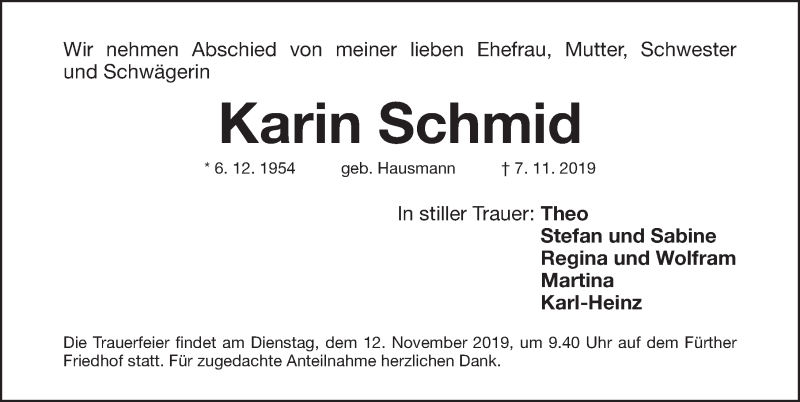 Traueranzeige für Karin Schmid vom 11.11.2019 aus Fürther Nachrichten Lokal