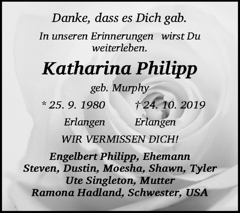  Traueranzeige für Katharina Philipp vom 09.11.2019 aus Gesamtausgabe Nürnberger Nachrichten/ Nürnberger Ztg./ Erlanger Nachrichten